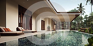 Luxury with tropical Jungle villa resort luxurious swimming pool. Generative AI illustration