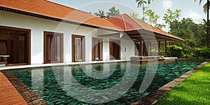 Luxury with tropical Jungle villa resort luxurious swimming pool. Generative AI illustration