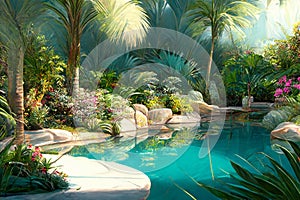 A luxury tropical resort pool in spring time. Concept illustration