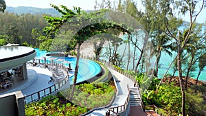 Luxury tropical resort with sea view. Concept of trip, travel and summer vacation in Thailand. Modern hotel with