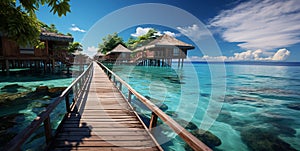 Luxury tropical resort with wooden house and bridge in blue ocean lagoon with beautiful view.Macro.AI Generative