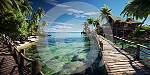 Luxury tropical resort with wooden house and bridge in blue ocean lagoon with beautiful view.Macro.AI Generative