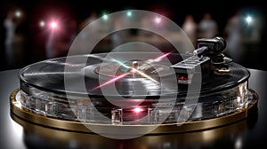 A luxury turntable plays a vinyl record under bright lights, surrounded by reflections and lens flares in a glamorous dark setting photo