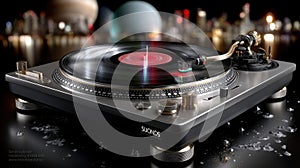 A luxury turntable plays a vinyl record under bright lights, surrounded by reflections and lens flares in a glamorous dark setting photo