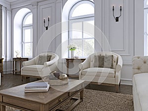 Luxury two armchair in classic living room with tableset