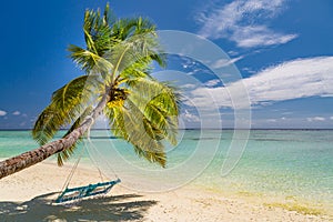 Luxury vacation concept, palm and beach swing over beautiful blue sea. Tropical landscape for summer holiday