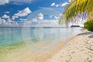 Luxury vacation. Summer beach in Maldives island, palm leaf and water villas. Amazing scenery, sea and white sand under blue sky