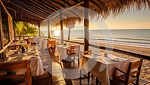 Luxury vacations in a tropical resort, dining outdoors at sunset generated by AI