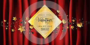 Luxury Valentines day sale banner in red gold background calligraphy decorative with copy space