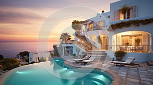 Luxury villa with infinity pool overlooking sea in evening in summer. Rich mansion with terrace, white house or resort hotel in