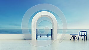Luxury villa resort gate door to sea view - Santorini island stlye - 3D rendering