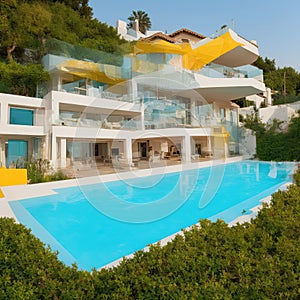 Luxury villa on the seafront with a swimming pool and a reflection at dawn in bright colors