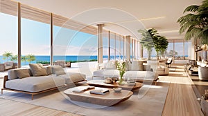 Luxury villa with terrace and floor to ceiling panoramic window with amazing sea view. Interior design of modern living room.