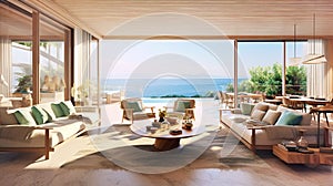 Luxury villa with terrace and floor to ceiling panoramic window with amazing sea view. Interior design of modern living room.