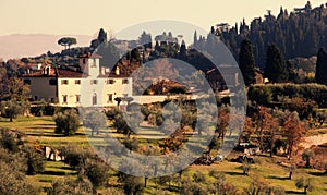 Luxury villa in Tuscany Florence , famous vineyard in Italy golden hour