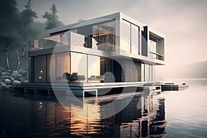 Luxury villa on water in mist, exterior of modern home at river or lake, generative AI