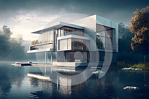 Luxury villa on water in mist, exterior of modern home at river or lake, generative AI