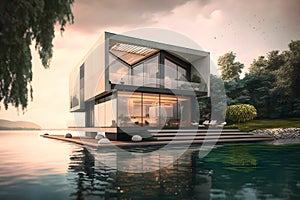 Luxury villa on water at sunset, exterior of modern home by river or lake, generative AI