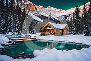 Luxury villas in the Swiss Alps with lake views in winter. photo