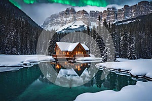 Luxury villas in the Swiss Alps with lake views in winter. photo