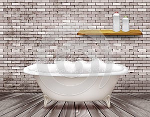 Luxury vintage bathtub with soap foam in bathroom.