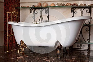 Luxury vintage bronze clawfoot free-standing bathtube in exquisite interior. Dark warm color background with shells on the shelves