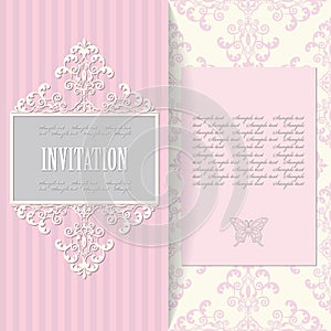 Luxury vintage frame on damask seamless background. Venetian royal style. Wedding invitation template