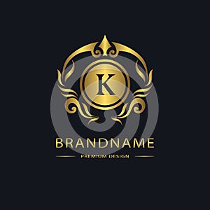 Luxury Vintage logo. Business sign, label. Gold Letter emblem K for badge, crest, Restaurant, Royalty, Boutique brand, Hotel,