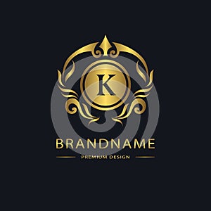 Luxury Vintage logo. Business sign, label. Gold Letter emblem K for badge, crest, Restaurant, Royalty, Boutique brand, Hotel, photo