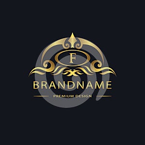 Luxury Vintage logo. Business sign, label, Letter emblem F for badge, crest, Restaurant, Royalty, Boutique brand, Hotel