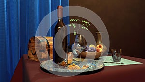 Luxury vintage still life of wine, grape and fruit