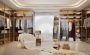 Luxury walk in closet interior with armchair and mirror.3d rendering