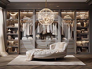 Luxury walk in closet interior with white and gold elements