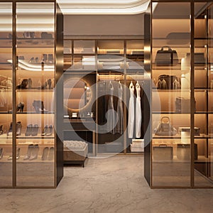 Luxury walk in closet interior with wood and gold elements.3d rendering