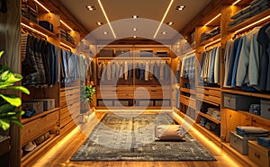 Luxury walk-in closet in modern house. A modern wooden wardrobe with clothes