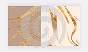 Luxury wall art prints with gold glitter liquid marble texture. Abstract vector backgrounds