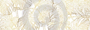 Luxury wallpaper design with golden monstera palm leaves and natural background.