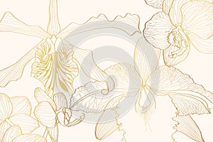 Luxury wallpaper design with golden orchids and natural background.