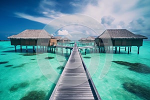 luxury water villas resort and wooden pier. Beautiful sky and ocean lagoon beach background. Summer vacation holiday and
