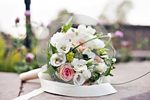 Luxury Wedding bouquet. The concept of marriage and love. accessories for just married ceremony close-up. Fresh flowers