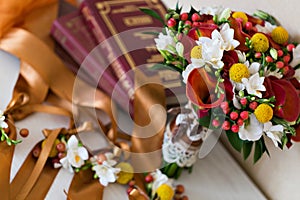 Luxury Wedding bouquet. The concept of marriage and love. accessories for just married ceremony close-up. Fresh flowers