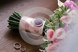 Luxury Wedding bouquet. The concept of marriage and love. accessories for just married ceremony close-up. Fresh flowers