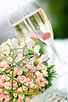 Luxury wedding bouquet of roses with champagne