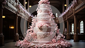 Luxury wedding cake with pink decoration, chocolate indulgence generated by AI