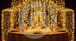 Luxury Wedding Cake Table with Golden Light Curtain