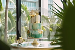 Luxury wedding cake on table, green and gold frosting