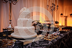 Luxury wedding candy bar with cake, pastries, macaroons and cake pops