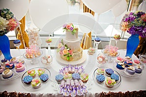 Luxury wedding catering, table with modern desserts, cupcakes, sweets with fruits. delicious candy bar at expensive wedding recept