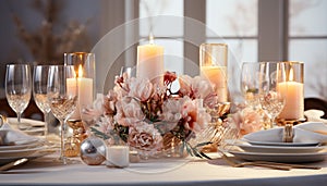 Luxury wedding celebration candlelight, elegance, silverware, wine, champagne, bouquet generated by AI