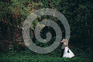 Luxury wedding couple hugging and kissing on the background gorgeous plants and cave near ancient castle